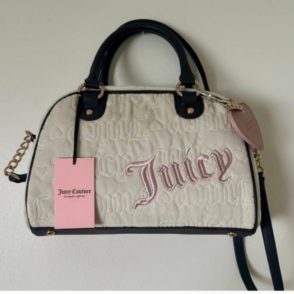 Juicy Couture Cream & Pink Embroidered 'Juicy' Satchel